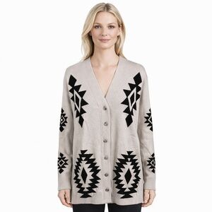 Coldwater Creek Cardigan Beige Southwest Aztec Print V-Neck Long Sweater Size M